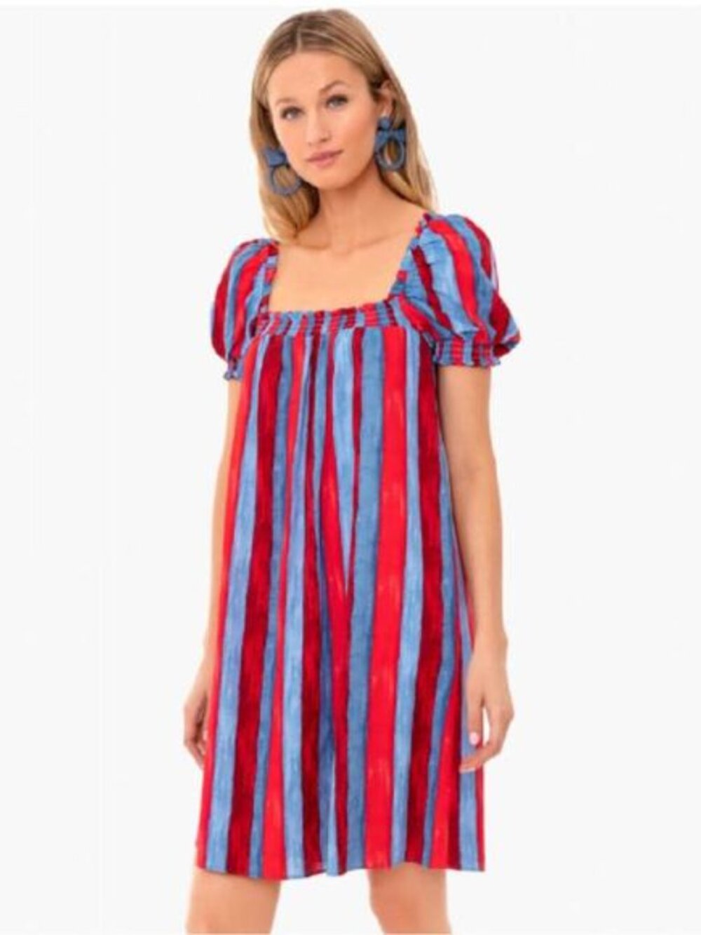 Pomander Place Puff Sleeve Carnival Stripe Mini Dress – Size Medium
